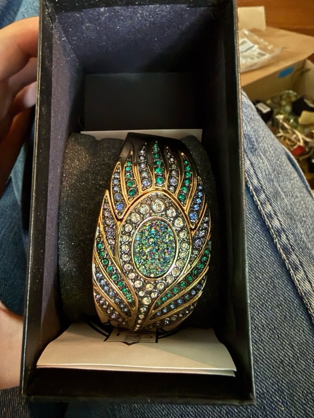 Peacock-Inspired Victoria Wieck Peacock DrusyCrystal Cuff Bracelet hidden watch